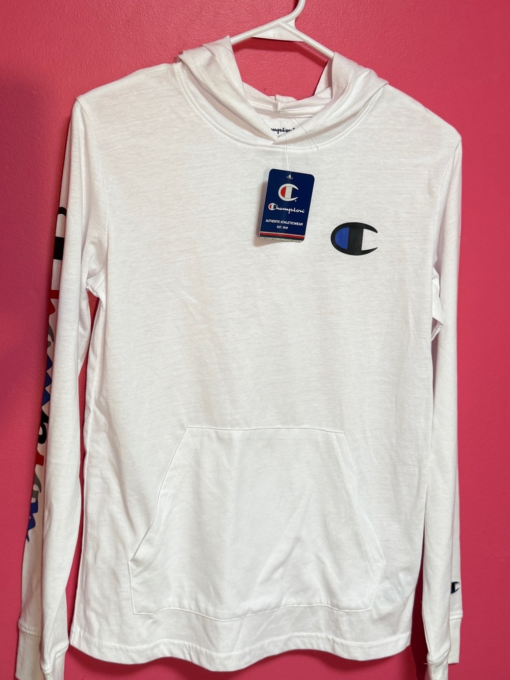 Champion White Kids' Hooded Long-Sleeve Sweatshirt with Blue Logo